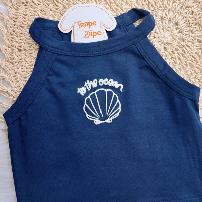 Conj. Cropped to the ocean e Short Saia Listrado em Linho - Marinho